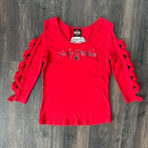 Harley Davidson Embroidered Shirt Cutout Sleeves Red Henderson Nevada Size Large